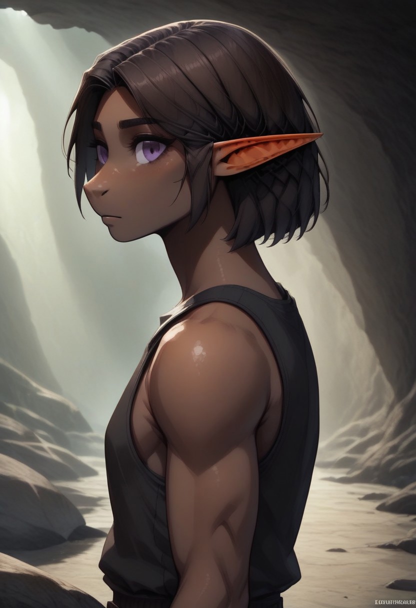 Repeta, 1 person, snout nose, solo, pointy ears, violet eyes, dark skin, dark brown hair, chin-length hair, parted hair, black sleeveless top, 
gemstone on bicep,
organic cavern background,
Medieval style,
Bordered by rock walls, side view, 
Smooth colors, highly detailed face, clean lines, high quality, best quality, masterpiece, score: 9, score: 8 up, rating: safe, source: semi-realistic,