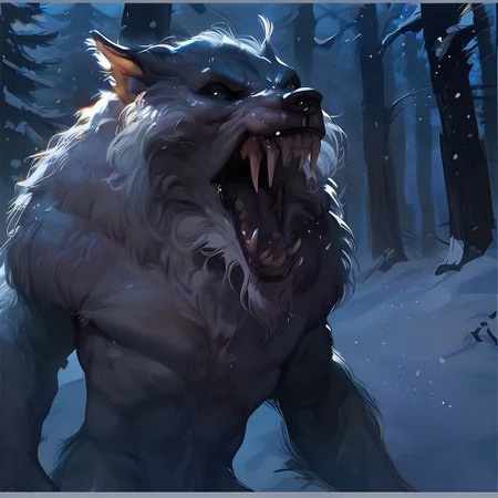safe_pos, score_9, score_8_up, score_7_up, rating_explicit, source cartoon, 1boy, werewolf, WillCorv, snow, forest, night, full body, shaggy white long fur, roar, close up