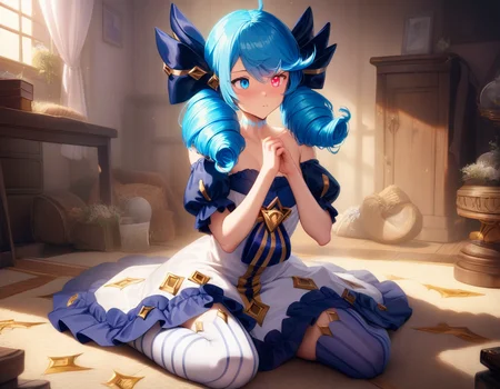 (masterpiece, best quality, very aesthetic, absurdres, extremely detailed), solo, cinematic composition, gwenlol, dress, mismatched legwear, twin drills, blue hair, heterochromia, wariza <lora:gwen:0.9>