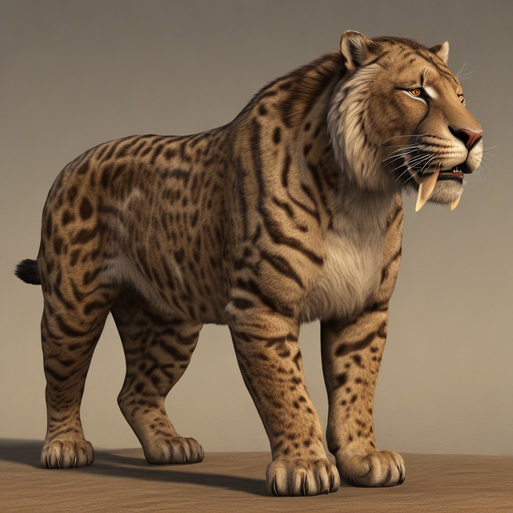 brown panthera ancestral,  power animal with characteristics of several modern felines, a prehistoric big panthera, large hybrid feline, saber teeth, with fine light sripes, with a realistic small light rosettes coat, look like a huge feral, similodon, saber tooth, realistic,
