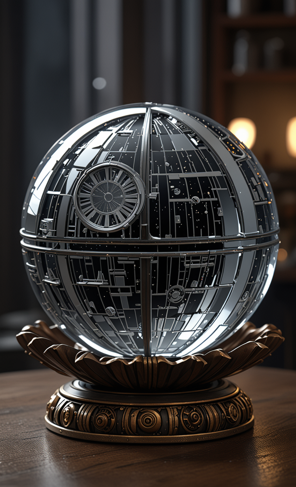 A  glass sphere sculpture, concealed inside the sphere is a Scene from the movie Star Wars, Death Star, in the dark, detailed image, 8k high quality detailed, the moon, shaped sphere, amazing wallpaper, digital painting highly detailed, 8k UHD detailed oil painting, beautiful art UHD, focus on full glass sphere, bokeh,  background Modifiers: extremely detailed Award winning photography, fantasy studio lighting, photorealistic very attractive beautiful imperial colours ultra detailed 3D, (Very Intricate)