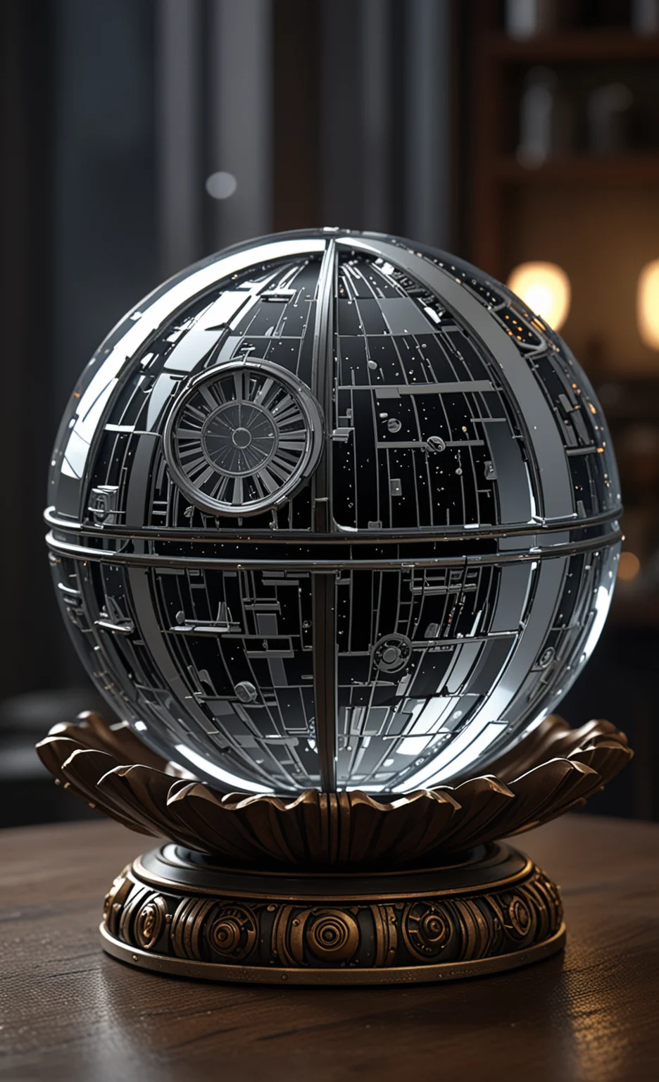 A  glass sphere sculpture, concealed inside the sphere is a Scene from the movie Star Wars, Death Star, in the dark, detailed image, 8k high quality detailed, the moon, shaped sphere, amazing wallpaper, digital painting highly detailed, 8k UHD detailed oil painting, beautiful art UHD, focus on full glass sphere, bokeh,  background Modifiers: extremely detailed Award winning photography, fantasy studio lighting, photorealistic very attractive beautiful imperial colours ultra detailed 3D, (Very Intricate)