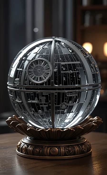 A glass sphere sculpture, concealed inside the sphere is a Scene from the movie Star Wars, Death Star, in the dark, detailed image, 8k high quality detailed, the moon, shaped sphere, amazing wallpaper, digital painting highly detailed, 8k UHD detailed oil painting, beautiful art UHD, focus on full glass sphere, bokeh, background Modifiers: extremely detailed Award winning photography, fantasy studio lighting, photorealistic very attractive beautiful imperial colours ultra detailed 3D, (Very Intricate)