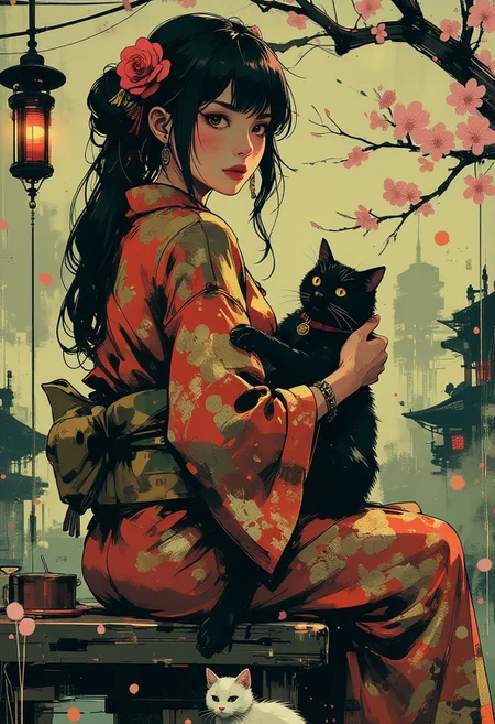 Mh1$AgThS2, intricate linework with expressive contrasts, soft lighting with dynamic highlights, A digital artwork in the style of cknc, image of a Japanese woman in a silk red and gold kimono, long hair, bangs, sakura flower in her hair, sitting in a formal Japanese garden, holding a black cat, with a white cat at her ankles, turning her head to look back at the viewer