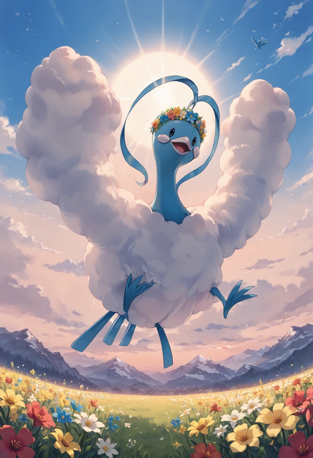 score_9, score_8_up, score_7_up, source_anime BREAK
flowers, field of flowers, grass, sunset, evening, sunbeam, lens flare, flower petals
ALT4R14, black eyes, blue feathers, white cloud-like wings, white beak, white cheek patches, bird, blue bird feet, bird tail, animal focus, 2 blue headfeathers, spread wings
floating, happy, wearing flower crown, looking at viewer
no humans <lora:Altaria:1>