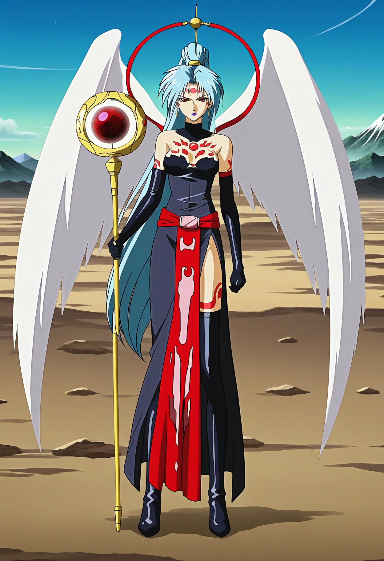 anime screencap, anime coloring, 1girl, solo, full body, serious, outdoors, Outer space, mountains, white wings, 
<lora:Ihadulka_pony1.2:0.8>Ihadulka, blue hair, long hair, facial mark, gloves, earrings, elbow gloves, jewelry, forehead mark, dress, ponytail, black gloves, tattoo, staff, black thighhighs, weapon, boots, belt, holding, side slit, single hair bun, thigh boots, medium breasts, lipstick, makeup, purple lips, very long hair, red eyes,
