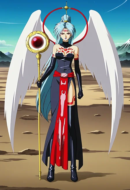 anime screencap, anime coloring, 1girl, solo, full body, serious, outdoors, Outer space, mountains, white wings,
<lora:Ihadulka_pony1.2:0.8>Ihadulka, blue hair, long hair, facial mark, gloves, earrings, elbow gloves, jewelry, forehead mark, dress, ponytail, black gloves, tattoo, staff, black thighhighs, weapon, boots, belt, holding, side slit, single hair bun, thigh boots, medium breasts, lipstick, makeup, purple lips, very long hair, red eyes,