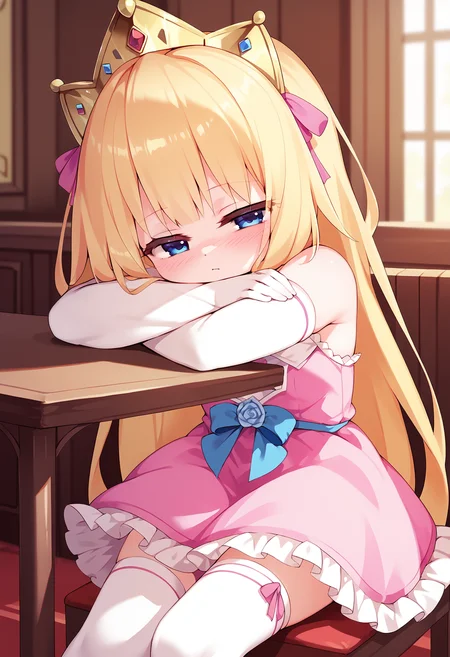 score_9, score_8_up, score_7_up,source_anime,rating_explicit,uncensored,anatomically correct,best perspective BREAK
1girl, solo, <lora:PrincessRutee:1> rutee, blonde hair, long hair, blue eyes, thighhighs, dress, pink dress, crown, gloves, elbow gloves, white gloves, ribbon, detached sleeves, pink footwear,
<lora:head_rest_arm_rest_pony_1:1> head rest arm rest, sleepy, indoors, half-closed eyes, blush, crossed arms, table, cute,