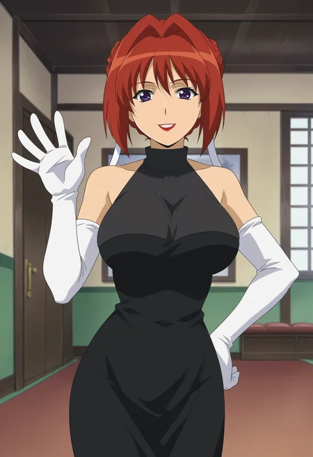 <lora:Maharu_Sena_Kanaka-Girls_Bravo:0.8>1girl,solo,Maharu Sena Kanaka,red hair,short hair,hair intakes,purple eyes,lipstick,large breasts,anime coloring,elbow gloves,white gloves,bare shoulders,turtleneck,black dress,hand on own hip, waving,looking at viewer, smile,indoors,cowboy shot,