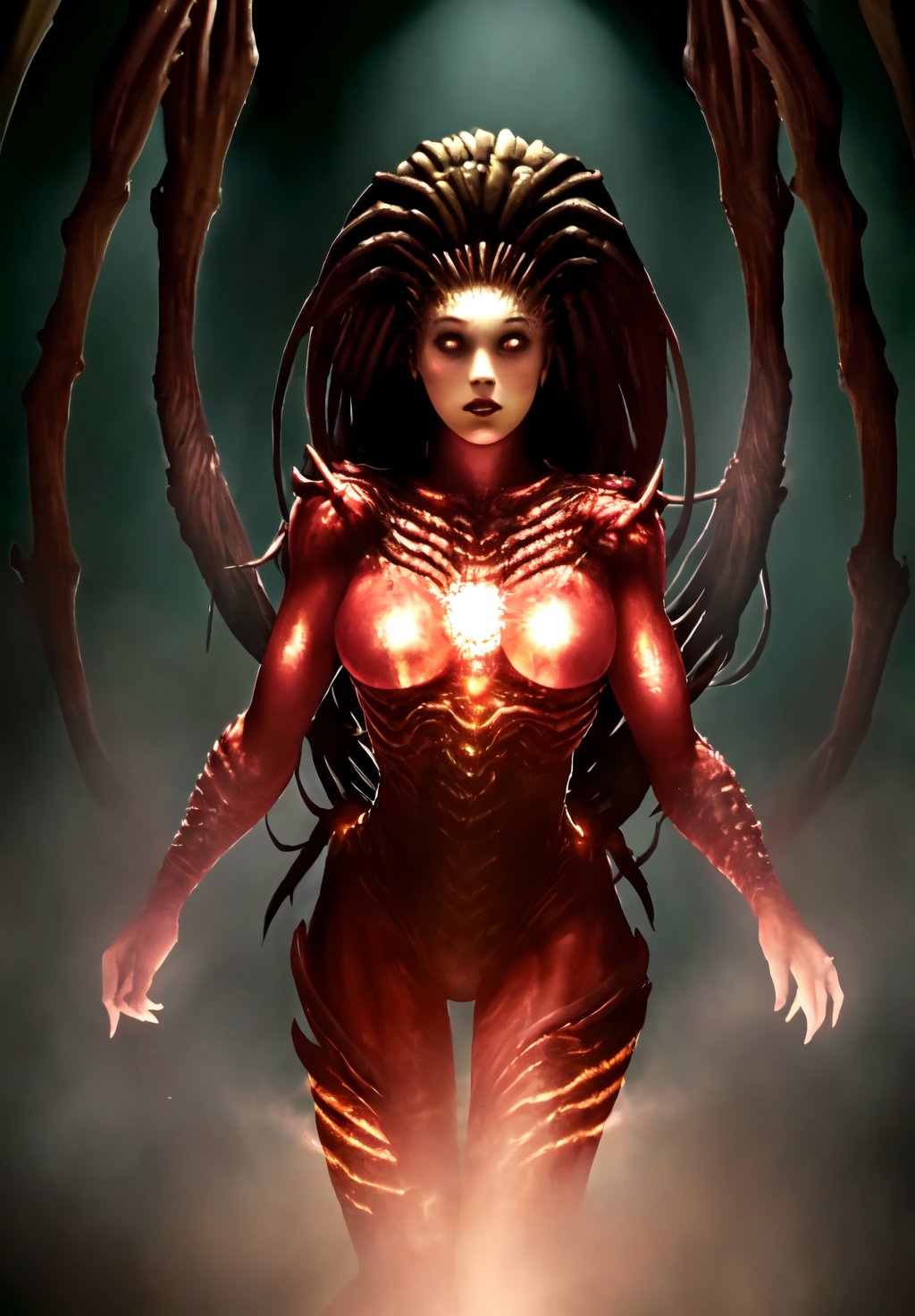 beautiful, masterpiece, best quality,perfect lighting,  <lora:Kerrigan:0.8>, Kerrigan, 1girl, solo, upper body, bodysuit, glowing, dark theme, horror,