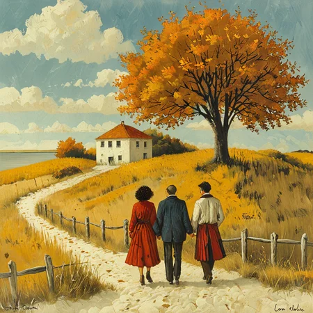 painting of a man and woman taking a walk in the beach on a nice sunny fall day  <lora:tbh176-sdxl:1> style of Lowell Herrero