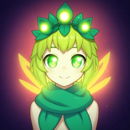 mana_sk style, portrait, focus on face, a playful forest sprite girl with short lime-green hair adorned with tiny flowers, sparkling emerald eyes full of mischief, wearing a leafy crown and a scarf made of vines, her smile glowing with magical charm, faint sparkles and fireflies dancing around her, Japanese RPG style, whimsical and vibrant atmosphere, intricate details on her crown and glowing fireflies
