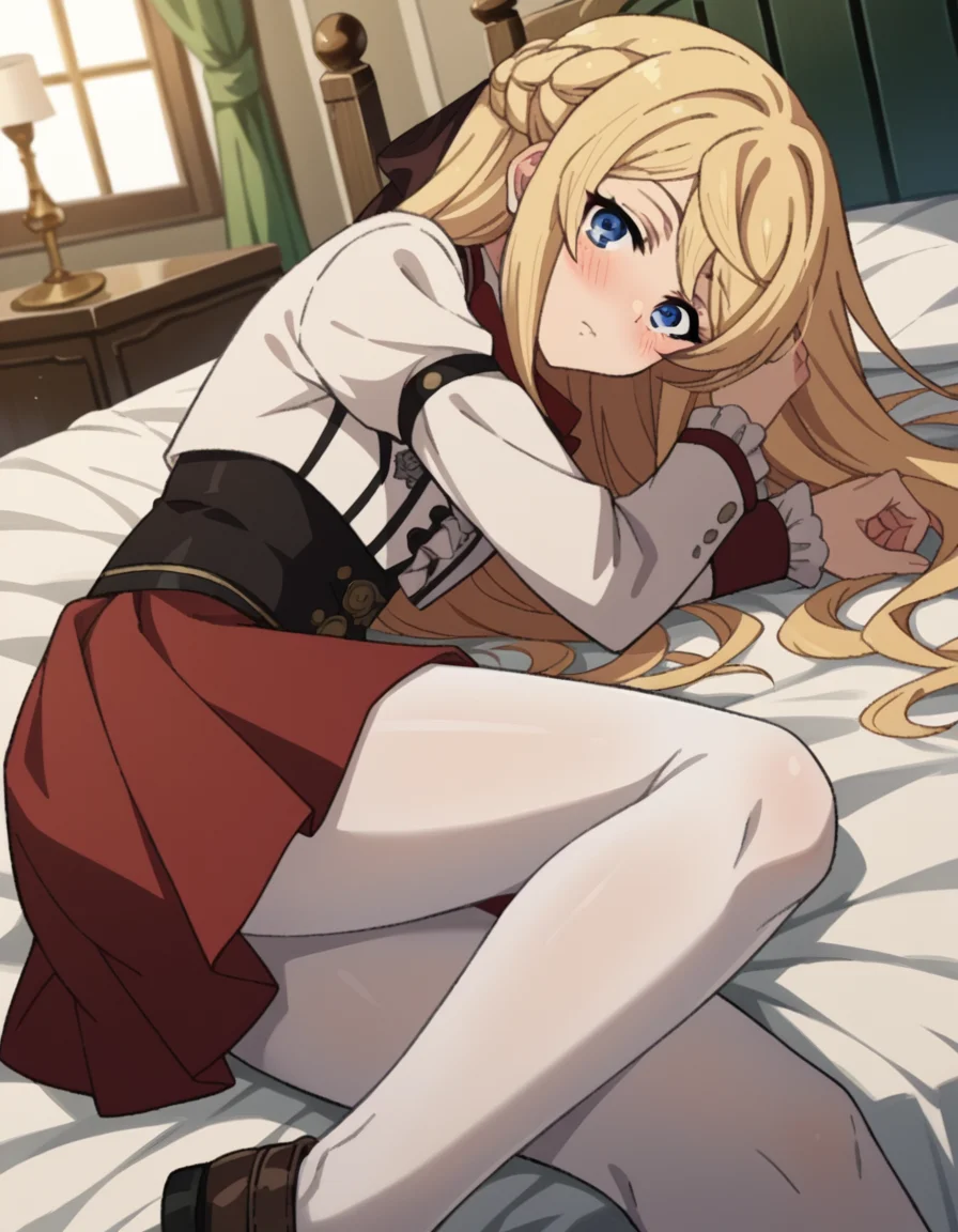score_9, score_8_up, score_7_up, source_anime,
arielanemoiasura, <lora:ariel-anemoi-asura-s2-ponyxl-lora-nochekaiser:1>,
ariel anemoi asura, long hair, blue eyes, blonde hair, braid, french braid,
skirt, long sleeves, pantyhose, frills, shoes, red skirt, loafers, white pantyhose, blazer, white blazer, corset, black corset,
indoors, bed, bed room, on side, blush, drunk,
looking at viewer, dutch angle, cowboy shot,