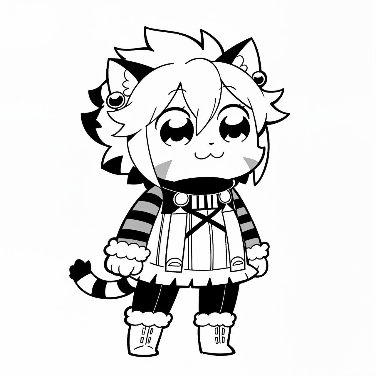 masterpiece, best quality, amazing quality, bkub, parody, greyscale, monochrome, <lora:ElhIllus.safetensors:1>, elh, chibi, :3, 1girl, solo, full body, furry female, cat ears, short hair, white hair, facial mark, animal nose, body fur, striped tail, elhattire, earrings, fur trim, striped sleeves, black pants, white boots, simple background, white background