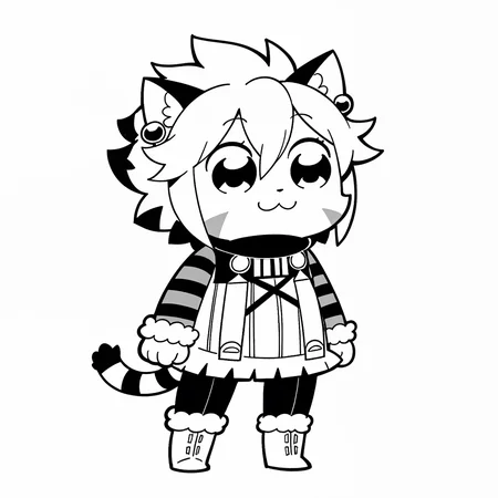 masterpiece, best quality, amazing quality, bkub, parody, greyscale, monochrome, <lora:ElhIllus.safetensors:1>, elh, chibi, :3, 1girl, solo, full body, furry female, cat ears, short hair, white hair, facial mark, animal nose, body fur, striped tail, elhattire, earrings, fur trim, striped sleeves, black pants, white boots, simple background, white background