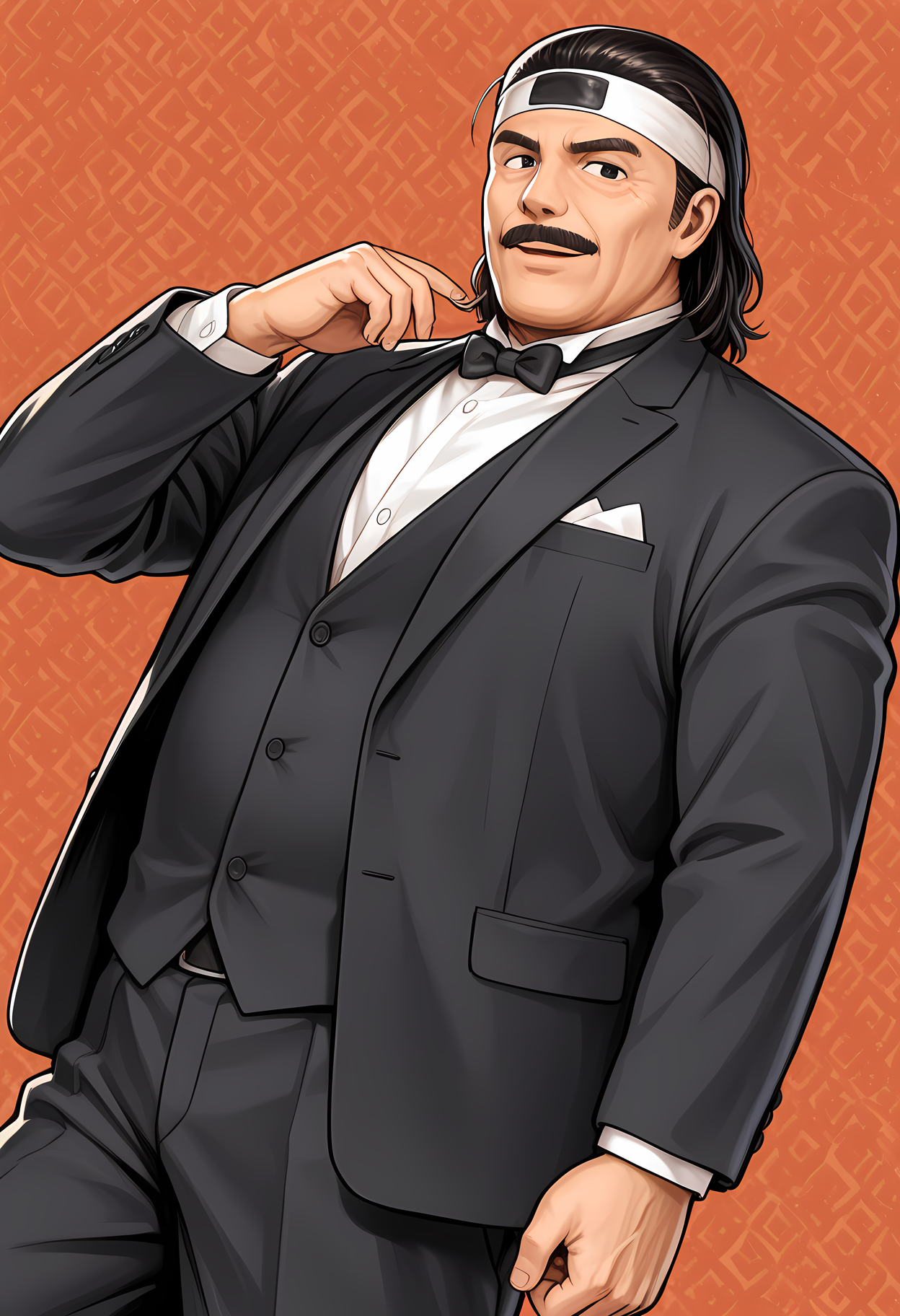 masterpiece, best quality, amazing quality, dutch angle, abstract background, BREAK
1boy, solo, male focus, mature male, aof_todoh, black hair, headband, black eyes, mustache, facial hair, black tuxedo, formal, bow tie, BREAK
<lora:cfg_scale_boost:.6>  <lora:Ryuhaku_Todoh_-_Art_of_Fighting_-_ILXL:1>