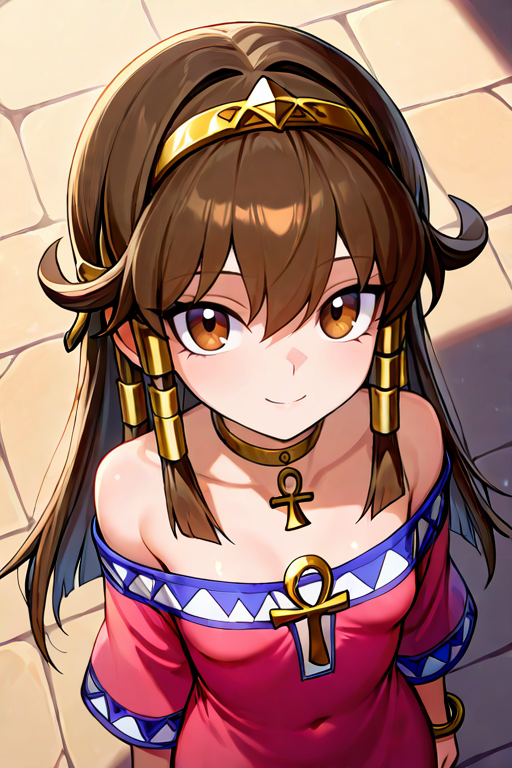 masterpiece, High quality, Ultra detailed, 2d, newest, absurdres, highres, BREAK
1girl, solo, egyptian, <lora:sera:0.8>, sera_(yu-gi-oh!), long hair, brown hair, sidelocks, hairband, hair tubes, jewelry, hair between eyes, brown eyes, choker,
small breasts, seradef, off-shoulder dress, dress, ankh, bracelet, 
from above, smile, looking at viewer,