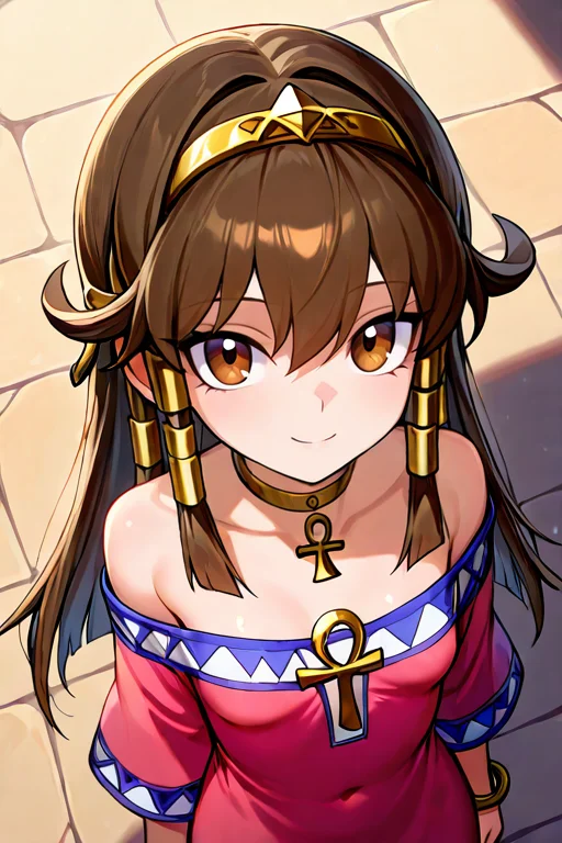 masterpiece, High quality, Ultra detailed, 2d, newest, absurdres, highres, BREAK
1girl, solo, egyptian, <lora:sera:0.8>, sera_(yu-gi-oh!), long hair, brown hair, sidelocks, hairband, hair tubes, jewelry, hair between eyes, brown eyes, choker,
small breasts, seradef, off-shoulder dress, dress, ankh, bracelet,
from above, smile, looking at viewer,