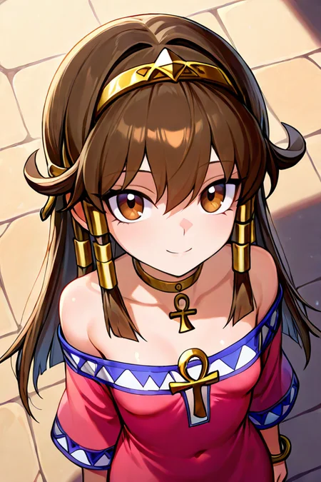 masterpiece, High quality, Ultra detailed, 2d, newest, absurdres, highres, BREAK
1girl, solo, egyptian, <lora:sera:0.8>, sera_(yu-gi-oh!), long hair, brown hair, sidelocks, hairband, hair tubes, jewelry, hair between eyes, brown eyes, choker,
small breasts, seradef, off-shoulder dress, dress, ankh, bracelet, 
from above, smile, looking at viewer,