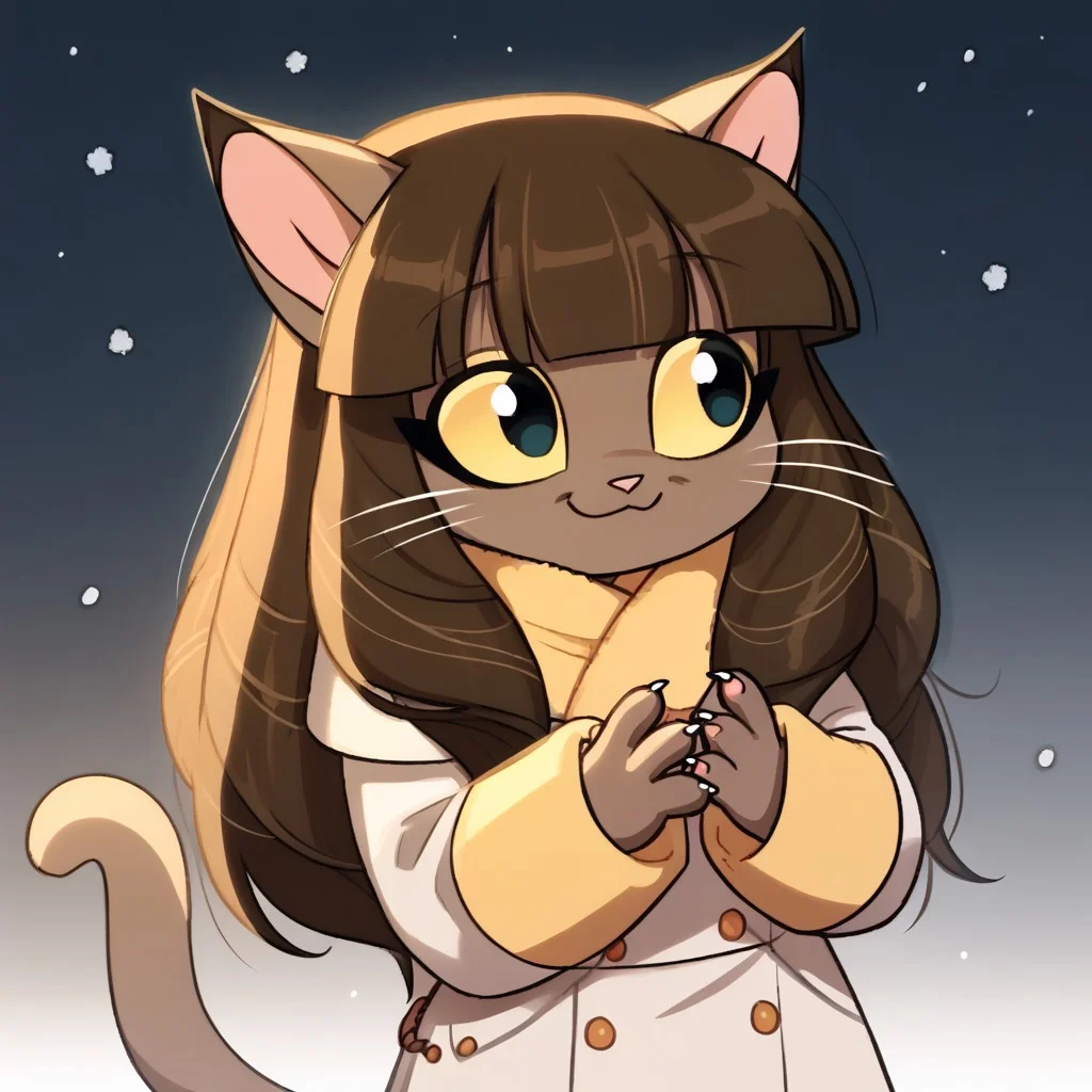score_9_up, score_8_up, score_7_up, dynamic pose, 1girl, solo, ivy, brown long hair, braids, blunt bangs, black eyes, colored sclera, yellow sclera, no human, furry, brown furr, cat ears, child, tail, <lora:Viking's Cute Style:1>, Cute, long white coat, winter coat, winter scarf, joined hands, wide smile, BREAK, ruanyi0732,snowing, plain background
