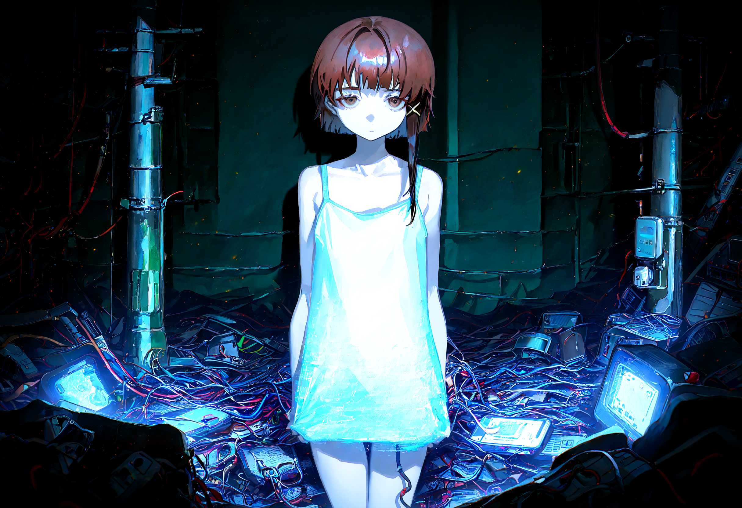 masterpiece, best quality, amazing quality, very aesthetic, absurdres,  newest,
1girl, iwakura lain,  solo,  thigh_gap,  white camisole , dark_background, cable, looking_at_viewer ,pile , spaghetti_strap , utility_pole,wire,
yoneyama mai,quasarcake:0.7, rolua, negative space, cinematic shot, very awa, science fiction,matrix, code, digital,computer, glitch, covered  in wire, green background, all four,
<lora:cfg_scale_boost:0.7>, <lora:illustrious_noobai_epsilon_pred_11_very_aesthetic_v1:0.6>, <lora:illustrious_noobai_epsilon_pred_1_masterpieces_v1:0.6>, <lora:illustrious_noobai_epsilon_pred_1_best_quality_v1:0.6>, <lora:Lain_PonyXLv3:0.7>, <lora:Code__Digital_World_Morph_v2_PONY_XL_by_UOC:0.7>, <lora:USNR STYLE_XL_loha:0.7>