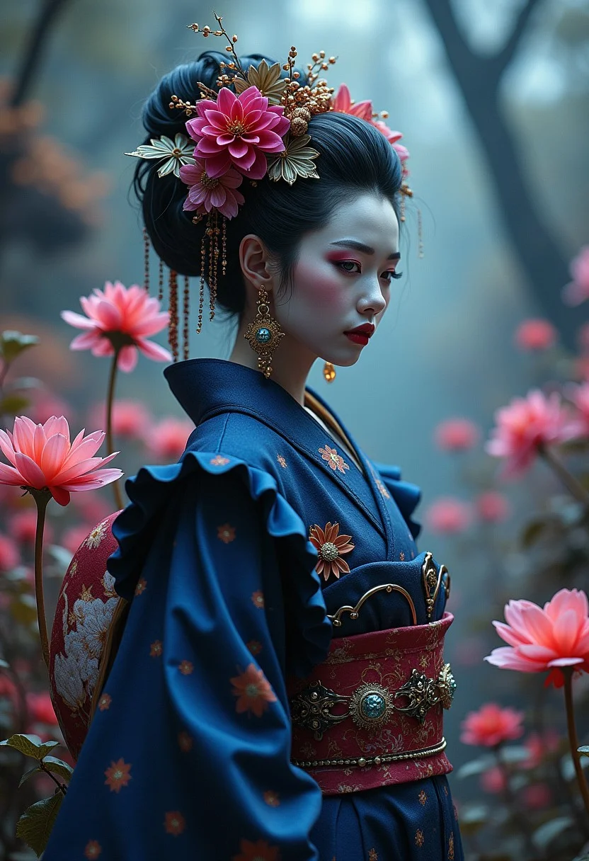 A professional photography of a gothic geisha with whimsical elements, surrounded by an magical and eerie fairytale landscape with sparkling crystals and colorful flowers, awesome appearence, fantastic cyberpunk art concept, intricate details, trending on artstation, masterpiece, 8k,