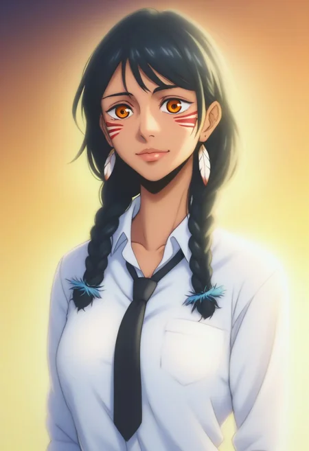 score_9, score_8_up, score_7_up, source_anime, intricate details, anime screencap, perfect balance, official art, extremely detailed CG unity 8k wallpaper, perfect lighting, Colorful, Warm_Front_face_Lighting, (masterpiece:1.0),(best_quality:1.0), ultra high res,4K,ultra-detailed, photography, 8K, HDR, highres, absurdres:1.2, Kodak portra 400, blurry background, bokeh, lens flare, (Anime) (vibrant_color:1.2), professional photograph, night, (cute_face:1.2), 2d, anime, upper body, intricate iris, American, Professional character design, 1girl, female focus, (Orange eyes), perfect eyes, (black-hair), Native American, Indigenous, American Indian, youthful, solo, jujutsu_kaisen_style, character portrait, (perfect-lighting), face, young, (Dark-black-hair), Long hair, (Native American), Indigenous, American Indian, (((wild eyes))), (Native North American), (Upturned eyes), (high cheekbones), (strong jawline), (Black Hair), ((((Native-American-Eagle-feather-braids, Native American Eagle feather accessories)))), (((wild eyes))) ((Bobbed Bangs)) (((Slanted-Eyes))) (Psycho) (Happy) (Friendly) (Goofy) (White Dress Shirt), (Warpaint), (Redwood Forest, Pacific Northwest Forests), (Inuit), (Tan skin), (Dark Skin), (Brown skin), (bobbed hair), White Eagle-Feather-Earrings, Thick Bangs, Bobbed hair, Bob-cut, White-Feather-Earrings, Brown-skin, Inuit Face-paint, Full-Bangs, Wide-Bangs, Thick-Hair, Native Face-paint, cleavage, (White Dress Shirt), (Black Suit Tie), Schizo, Psycho, Yandere