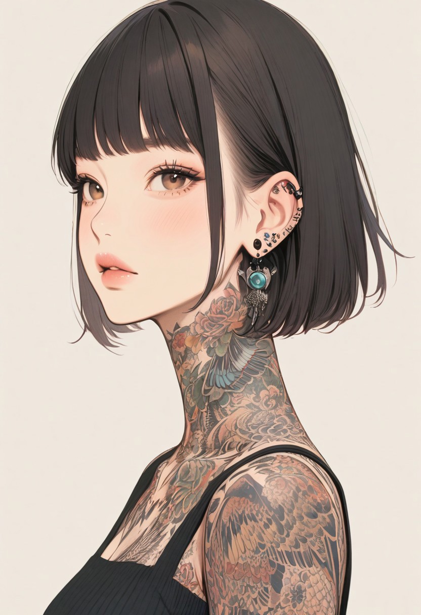 1girl, tattoo, neck