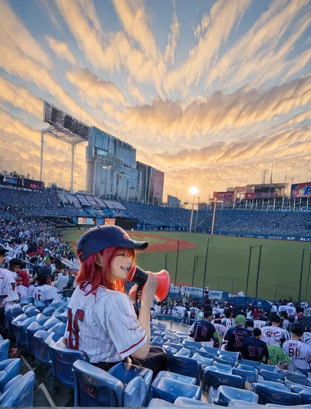 (1girl:1.5), (general:1.3), (detailed background:1.5), baseball jersey, (white jersey, red pinstripe pattern:1.1), dark blue baseball cap, dark blue undershirt, holding megaphone, happy, evening, (smile:1.4), sparkle, cowboy shot, crowd BREAK
<lora:jingu_stadium:1> jingu stadium, outfield seats, stands, baseballfield, scenery, outdoors, audience, crowd, people, multiple boys, multiple girls, day, sunset, night, cloud, cloudy sky, sky, building, city, cityscape, skyscraper, sign, sun, blue sky, seats, backstand, electronic display board, BREAK
dramatic shadows, cinematic lighting, (photo background:1.1), (8K resolution:1.2), (masterpiece:1.2), best quality, amazing quality, very aesthetic, absurdres, newest, (ultra detailed:1.3), (uhd:1.1), <lora:cfg_scale_boost:0.7> <lora:Smooth_Booster_v2:0.5> <lora:StS-Illustrious-Detail-Slider-v1.0:3.0> BREAK