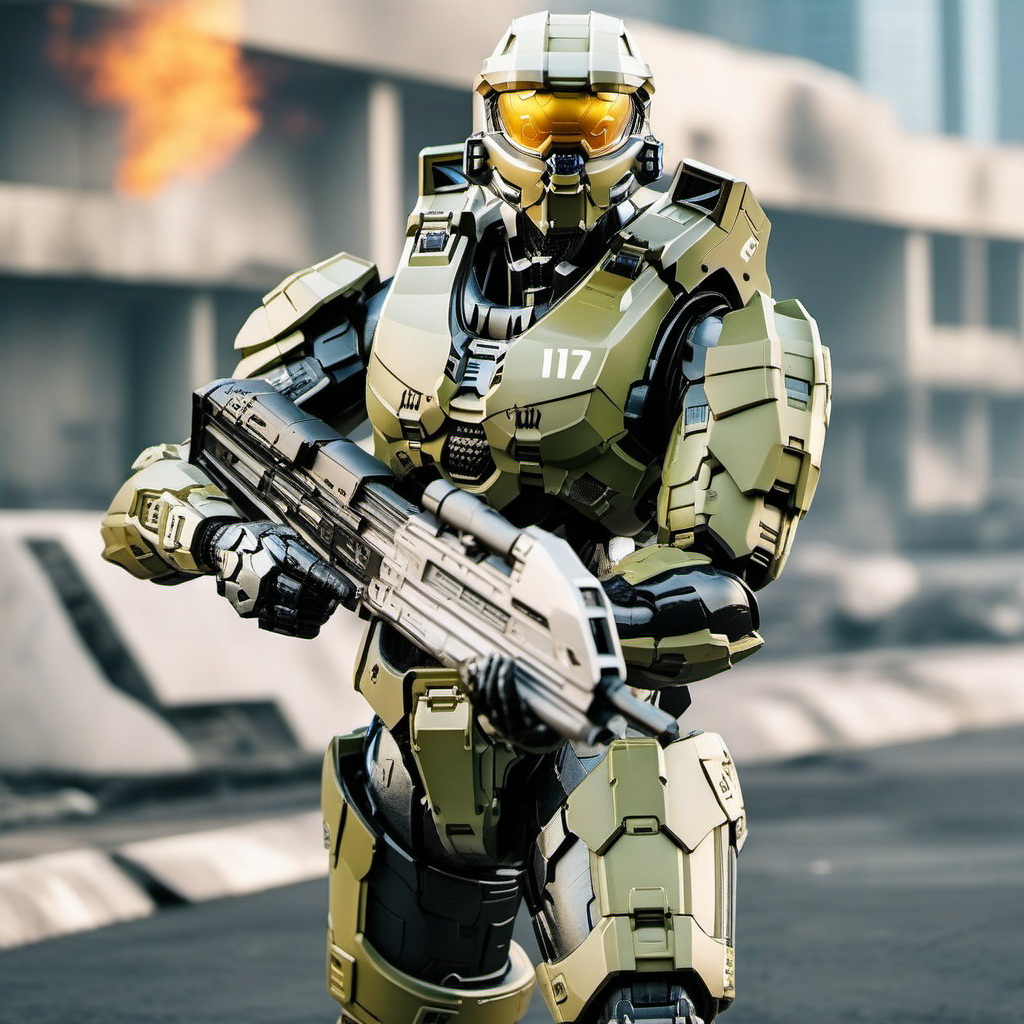 Halo1024, a robot soldier, full body, war , post apocalyptic city, highly detailed, photography, ultra sharp, film, bokeh, professional, 64k  <lora:Halo1024-000140:0.8>