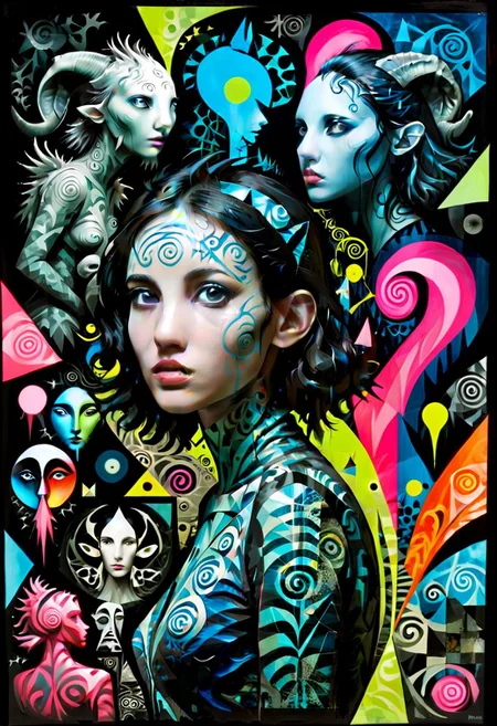 style of barry Mc gee.
Pans Labyrinth style creatures everywhere, with abstract, woman, art style, bioluminescent,girl face, modified with a mega creatures, gazing away, Apterus, Barry McGee, Frank Auerbach, neon silhouette contrast xarta
x-ray, deconstructed, abstract, surreal, mixed media, collage, outsider-art, avant-garde, punk style
• paintings, polygon, flat , bold color blocks and black lines