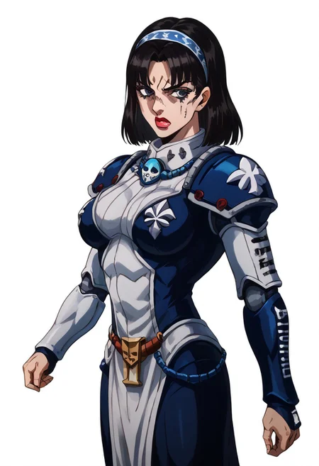 score_9, score_8_up, score_7_up, charturnerv2, solo, (side profile facing right),walking through gothic space ship corridor, kwkm, black eyes, black hair, extra long shiny thick hair, blunt bangs, parted bangs, (red & white striped American flag hairband), mole under eye, muscular, muscular female, twintails, (((muscular female))), thick thighs,  (adepta sororitas, wh40k, battle sisters, reflective power armor, black and neon-crimson and light-blue armor), pauldron), thick lips, large breasts, cleavage, head tilted up, stern and disgusted expression on face, (right hand holding hilt of 40kchainsword), (detailed neon lit Gothic Starship corridor with large windows showing surreal landscape outside)