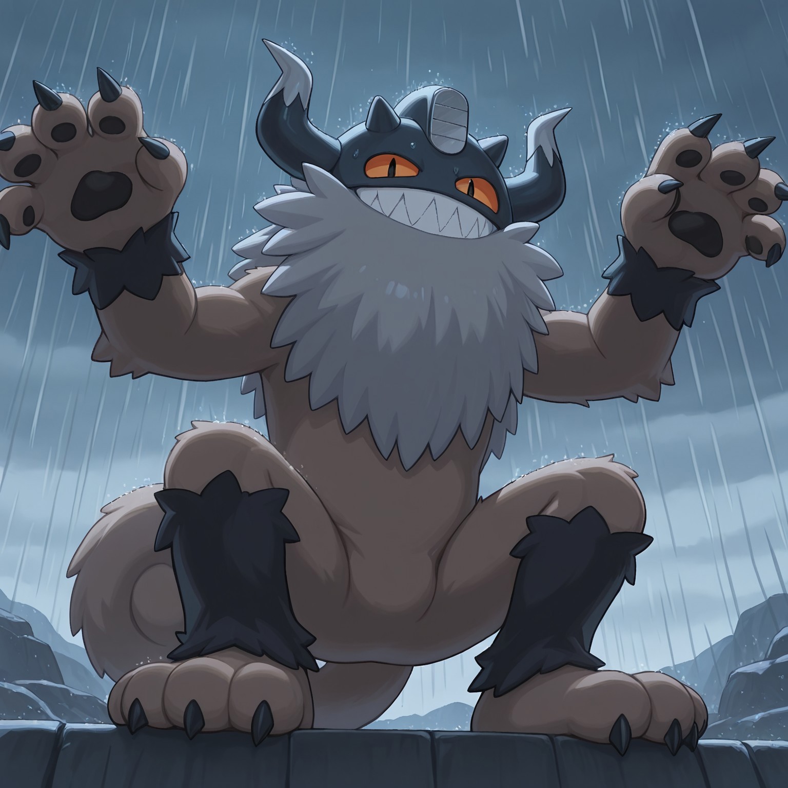 Solo, 2d, Perrserker, Pokemon (creature), felid, orange sclera, black pupils, slit pupils, brown fur, black fur, multicolored body, black head, two tone horns, black and gray horns, dipstick horns, fluffy long beard, gray beard, 3 toes, 3 fingers, black wrist tuft, black leg tuft, black pawpads, fluffy curled tail, 

BREAK on ledge, raining, cloudy, low angle view, grinning, looking down at viewer, arms up, claws extended, long claws, squatting

BREAK best quality, amazing quality, very aesthetic, absurdres, newest, masterpiece, high quality, abstract background 