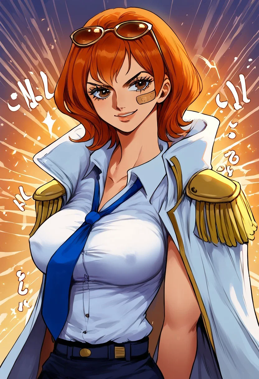 IsukaOP, 1girl, solo, short hair, orange hair, vermilion hair, brown eyes, band aid on her left cheek, lips, large breast, eyewear on head, sunglasses, collared shirt, buttoned shirt, white shirt, blue tie, brown gloves, shorts, heeled boots, coat on shoulders, wide hips, shirt neckline, band aids, bandages, scars, burn scar on hand, epaulettes, weapon, sword,
seductive pose, sexy pose, tease, in the spotlight,,
smile, jojo reference,
score_9, score_8_up, score_7_up, beautiful aesthetic, very intricate, high quality details,vibrant, highly detailed, award-winning, professional,anime artwork, anime style, studio anime, athletic, curvy body, athletic girl, perky tits,large breast,perfect tits, round breasts, nipple outline,looking at viewer, pinup pose,teasing, dynamic lighting, cinematic, smug, better than you, aura of temptation, highly detailed, high resolution, masterpiece, detailed clothes, detailed background, highly detailed, ((sound effects)) comic layout,