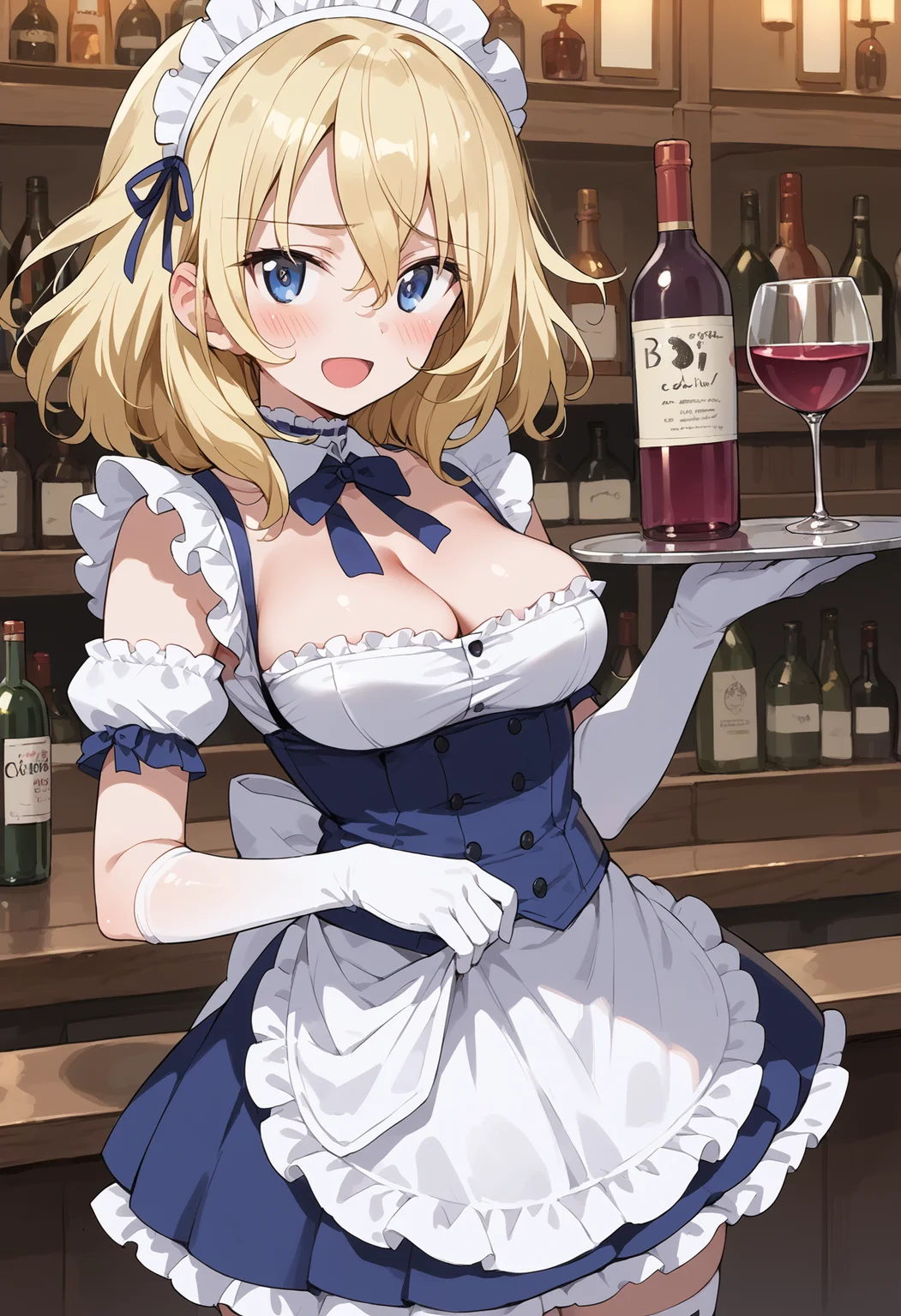 1girl, solo,, blush, breasts, cowboy shot, looking at viewer, cleavage cutout, maid, maid headdress, looking at viewer, bar, (miniskirt:1), ,elbow gloves, thighhighs, frilled dress, lace, short sleeves, , maid, , (smile:1), open mouth, ,waist apron, , frilled sleeves, frilled choker, oshidagup, 1girl, solo, blue eyes, blonde hair,, messy hair, <lora:oshidagup_pony2:1>holding tray, embarrassed, corset, collarbone, (white frills:1.5), medium hair, wine gloves,, , score_9, score_8_up, score_7_up, score_6_up, score_ANIME,