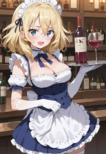 1girl, solo,, blush, breasts, cowboy shot, looking at viewer, cleavage cutout, maid, maid headdress, looking at viewer, bar, (miniskirt:1), ,elbow gloves, thighhighs, frilled dress, lace, short sleeves, , maid, , (smile:1), open mouth, ,waist apron, , frilled sleeves, frilled choker, oshidagup, 1girl, solo, blue eyes, blonde hair,, messy hair, <lora:oshidagup_pony2:1>holding tray, embarrassed, corset, collarbone, (white frills:1.5), medium hair, wine gloves,, , score_9, score_8_up, score_7_up, score_6_up, score_ANIME,