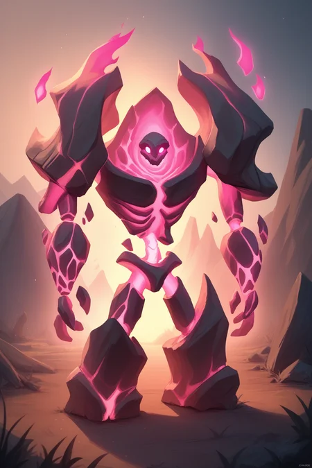 score_9, score_8_up,  <lora:NSFelConstructWC3:1> NSFelConstructWC3, looking at viewer, pink eyes, standing, no humans, glowing, glowing eyes, monster made of stone, pink flames, pink glow, bones, outdoors