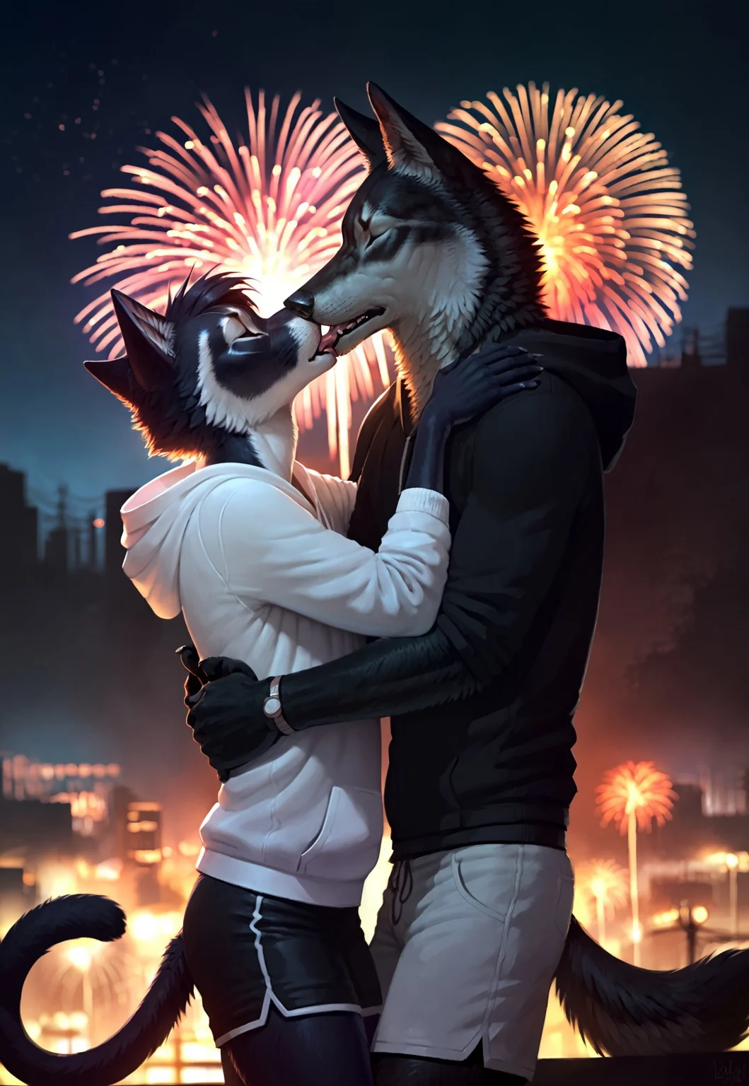 (furry), (males), dark silhouette, black fur, wolf, cat, tails, silhouette characters,
hoodies, shorts, baggy clothes, black clothes,
French-kissing, making-out, male/male, size-difference,
duo, alone, side angle, city, night, dark, (bright fireworks, firework display),
(realistic, HD, good shadows, score_9, score_8_up, score_7_up),
