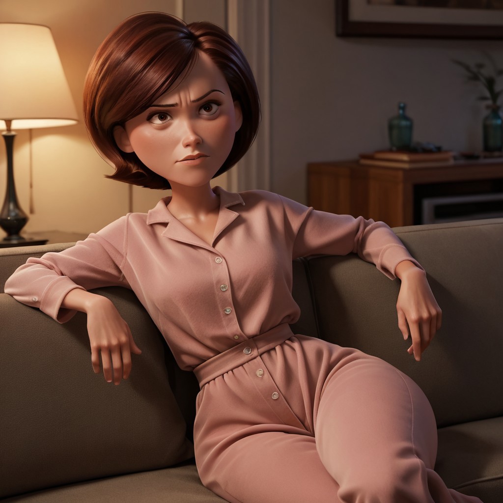 score_9, score_8_up, score_7_up, score_6_up, score_5_up, score_4_up, rating_questionable, 1girl, Hel_enParr, on a couch, seductive look, short hair, dark red hair, big hips, blouse