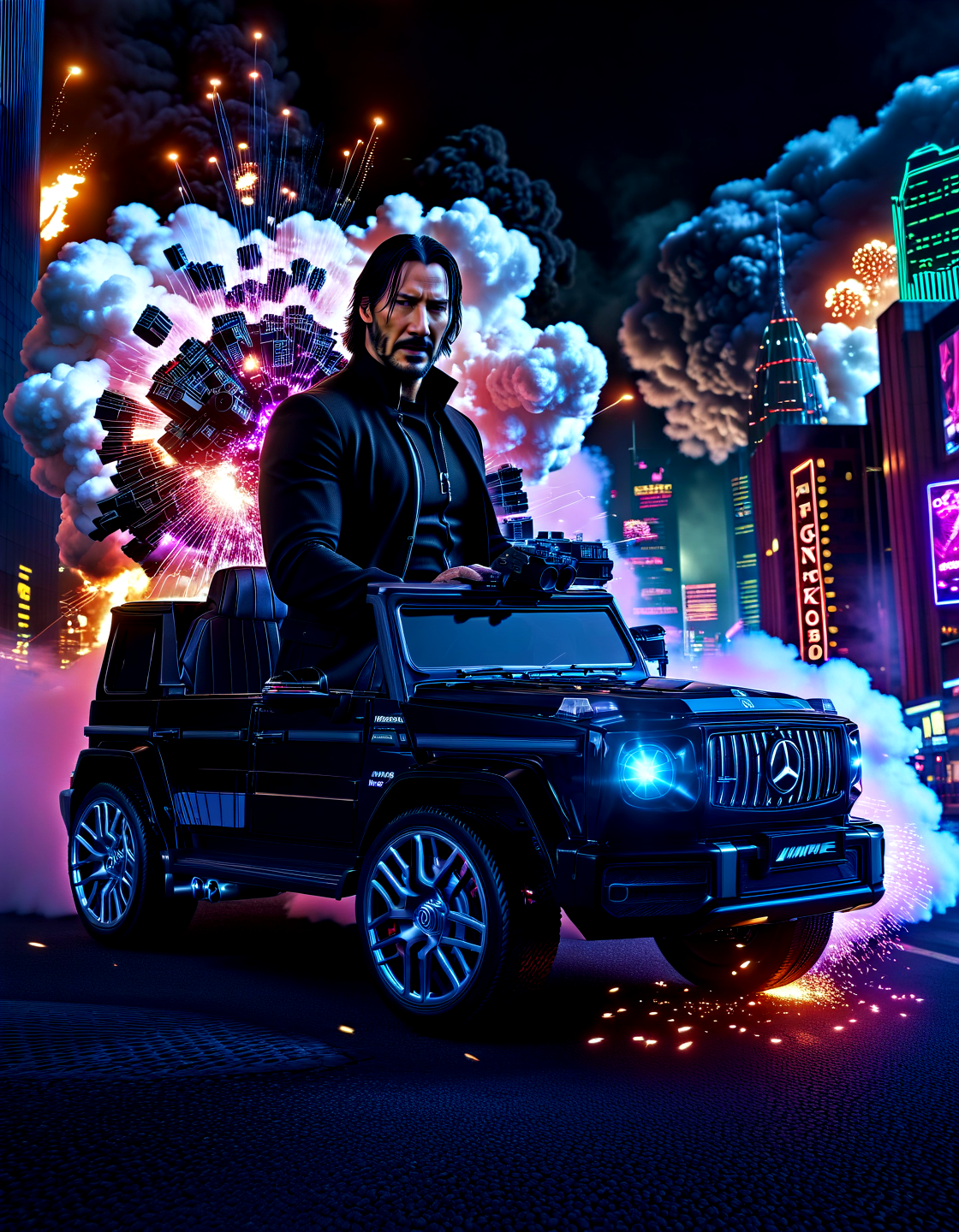 biomechanical cyberpunk john wick as an cyberpunk androis drivng a (mg63:1.1), at night city,smoke,explosion,fire, high speed, candy cotton clouds, glitterbomb, glitter, neon lights,, . cybernetics, human-machine fusion, dystopian, organic meets artificial, dark, intricate, highly detailed