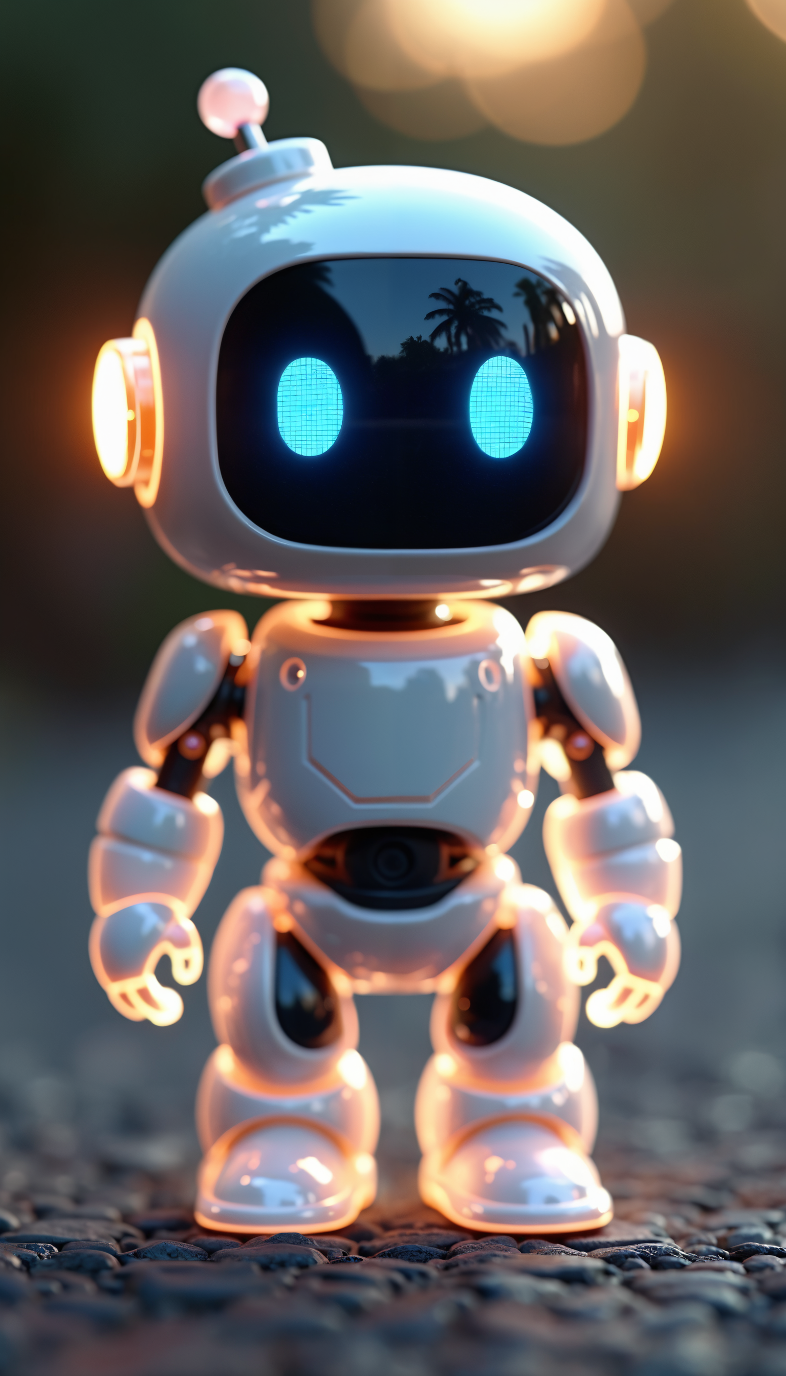 Cute aesthetic, a (tiny cute translucent polycarbonate robot) with an LED screen face, emoticon, stunning unreal engine render, intricate details