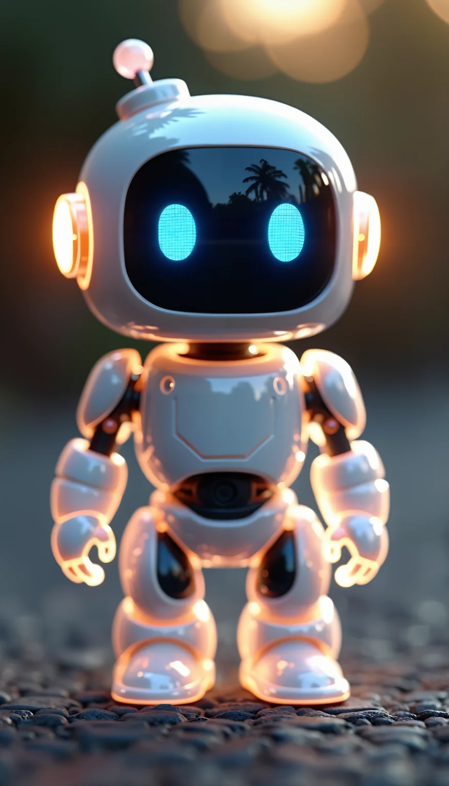 Cute aesthetic, a (tiny cute translucent polycarbonate robot) with an LED screen face, emoticon, stunning unreal engine render, intricate details