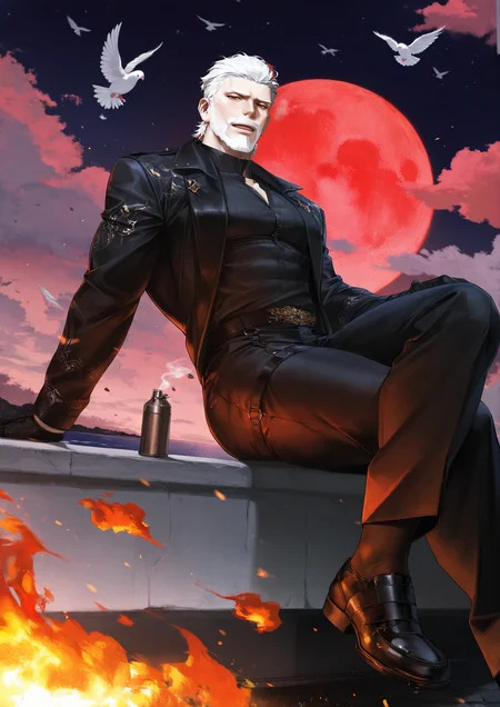 realistic shading,expressive face,looking at viewer,1boy,beard,white hair,facial hair,beard,mature male,mustache,short hair,red eyes,gloves,black footwear,black gloves,<lora:MORIIIL:0.8>,Black inner,old,aged up,manly,dynamic angle,masterpiece,best quality,dynamic angle,intricately detailed illustration,masterpiece,best quality,amazing quality,very aesthetic,absurdres,newest,sikin tight,pantyhose,starry_sky,lake,night,tight,leather,leaning,heavy_breathing,moaning,slender_waist,embarrass,endured_face,exhausted,, score _9,score_8_up, score_7_up,source_anime,rating_explicit,
