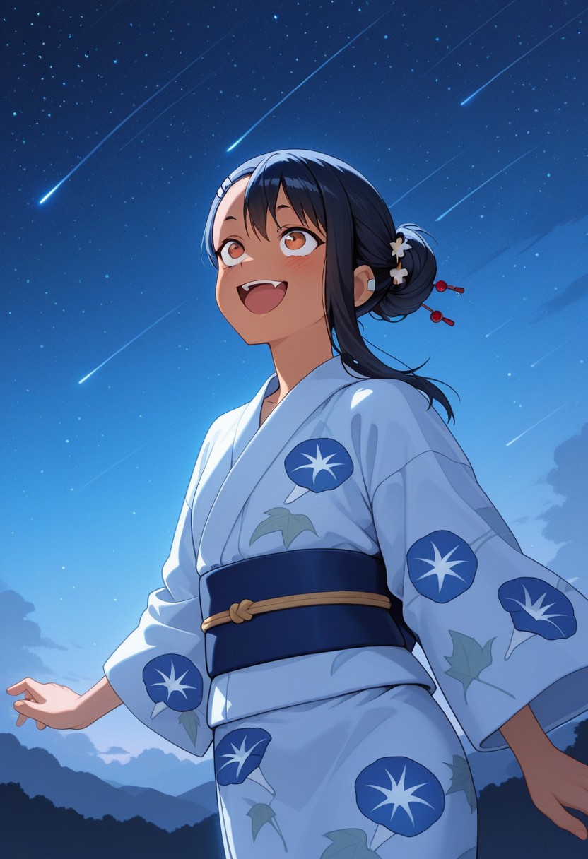 1girl, solo, nagatoro hayase, ijiranaide nagatoro-san, asymmetrical bangs, hair bun, looking up, open mouth, surprised, smile, yukata, morning glory print, hair ornament, outdoors, night sky, starry sky, shooting star, sidelighting, cold light, bloom, strong light, masterpiece, best quality, amazing quality
