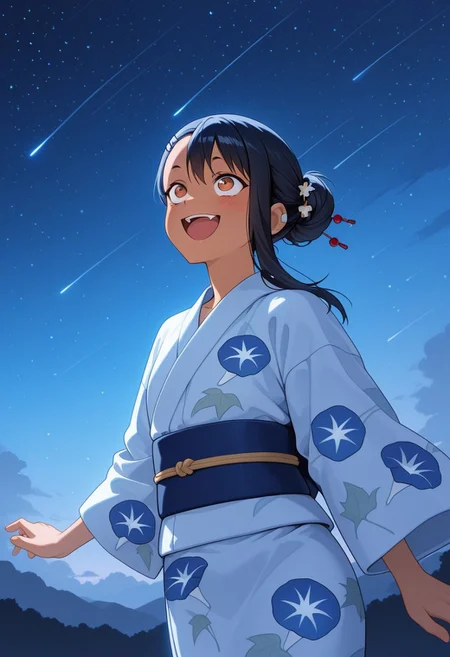 1girl, solo, nagatoro hayase, ijiranaide nagatoro-san, asymmetrical bangs, hair bun, looking up, open mouth, surprised, smile, yukata, morning glory print, hair ornament, outdoors, night sky, starry sky, shooting star, sidelighting, cold light, bloom, strong light, masterpiece, best quality, amazing quality