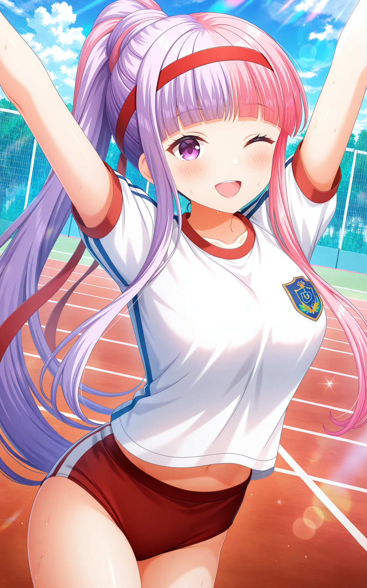 masterpiece, best quality, good quality, newest,4k, perfect lighting, cinematic, very aesthetic, official art, anime screencap, anime coloring,blue sky,sunlight,
1girl,solo,hina nigaki,multicolored hair,two-tone hair,split-color hair,purple hair,pink hair,blunt bangs, purple eyes,
ponytail,red headband,gym uniform,white shirt,short sleeves,red buruma,thighs,midriff peek,
looking at viewer,smile,one eye closed,open mouth,jumping,dynamic pose,dynamic angle,depth of field,BREAK
<lora:ILhina:0.9>