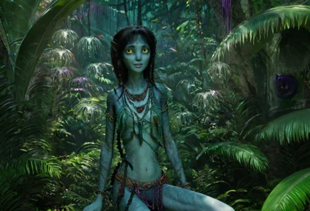 Kiri is posing for portrait, along in jungle, closeup, [[[[[big eyes wide open]]]]], full body, wide heavy necklace with thick pieces, SK_CINEMATIC