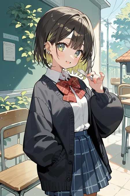 score_9, score_8_up, score_7_up, score_6_up, 1girl, official art,
<lora:Akashi_Maho:0.8> maho, multicolored hair, school uniform, plaid skirt, red bow tie, black cardigan,