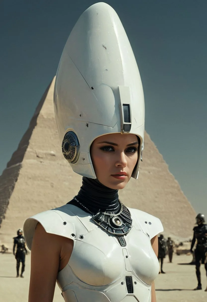 A scene by Franco fontana: Capture the modern casual essence of pale faceless Cyborg alien-Cleopatra with towering egypt crown and ruffled See through dress as she relentlessly gets followed By her neon-pastel followers through an Dusty desert. Wearing a sss laurel wreath
On her head, explore the somber tones and bleak atmosphere in your depiction, emphasizing the eternal struggle and challenge of her royal fate. Infront of the Brand new marble translucent Milky White Pyramids and a giant floating construction space carrier,
deep Blacks, very detailed, atmospheric haze, Film grain, cinematic film still, shallow depth of field, highly detailed, high budget, cinemascope, moody, epic, OverallDetail, 2000s vintage RAW photo, photorealistic, candid camera, color graded cinematic, eye catchlights, atmospheric lighting, imperfections, natural, shallow dof
