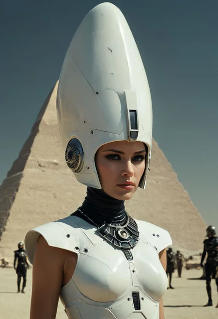 A scene by Franco fontana: Capture the modern casual essence of pale faceless Cyborg alien-Cleopatra with towering egypt crown and ruffled See through dress as she relentlessly gets followed By her neon-pastel followers through an Dusty desert. Wearing a sss laurel wreath
On her head, explore the somber tones and bleak atmosphere in your depiction, emphasizing the eternal struggle and challenge of her royal fate. Infront of the Brand new marble translucent Milky White Pyramids and a giant floating construction space carrier,
deep Blacks, very detailed, atmospheric haze, Film grain, cinematic film still, shallow depth of field, highly detailed, high budget, cinemascope, moody, epic, OverallDetail, 2000s vintage RAW photo, photorealistic, candid camera, color graded cinematic, eye catchlights, atmospheric lighting, imperfections, natural, shallow dof